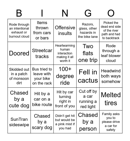 Tucson Bike Hazard Bingo Card