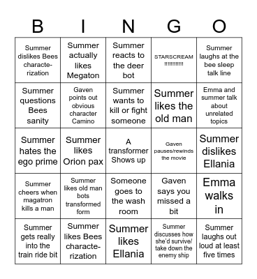 Transformers One Summer reaction Bingo Card
