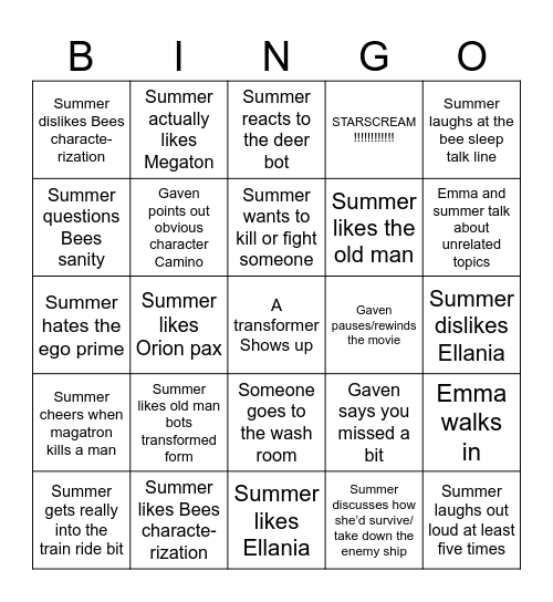 Transformers One Summer reaction Bingo Card