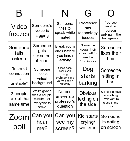 Zoom Class Bingo Card