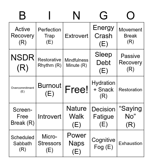 Exhaustion & Restoration Bingo Card