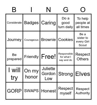Girl Scout Law Bingo Card