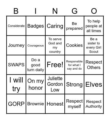 Girl Scout Law Bingo Card
