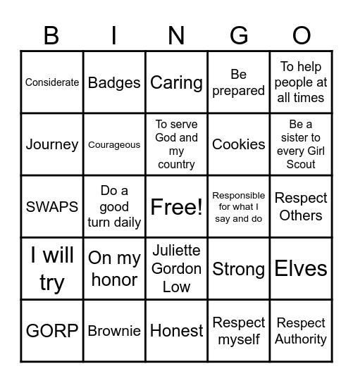 Girl Scout Law Bingo Card