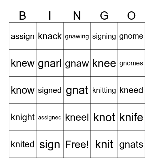Gn, Kn words Bingo Card