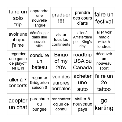 BINGO OF MY 20'S Bingo Card