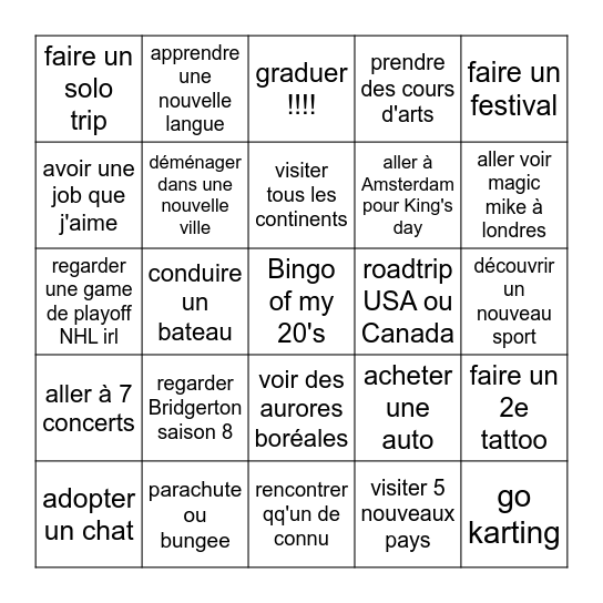 BINGO OF MY 20'S Bingo Card