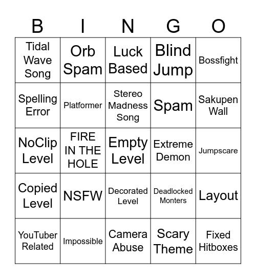 Geometry Dash Bingo Card