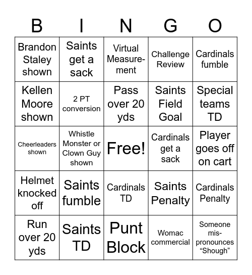 Saints Bingo Card