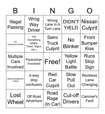 YouTube Bad-driving Compilation Bingo V. 3.0 Bingo Card