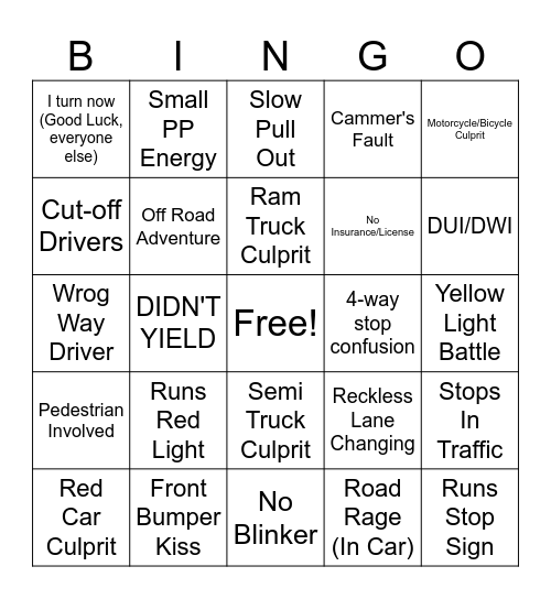 YT Bad-driving Compilation Bingo #4 Bingo Card