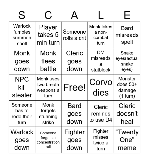 Dead Scale Combat Bingo Card