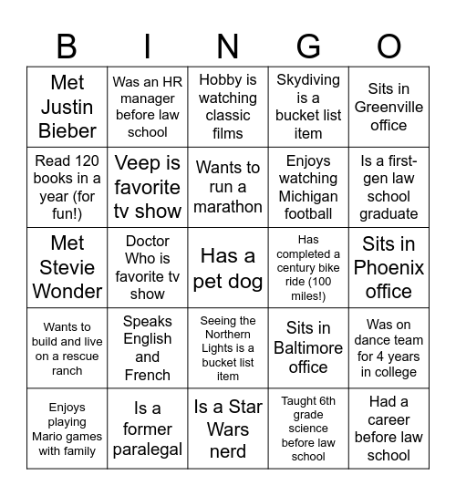First-Year Associate Bingo Card