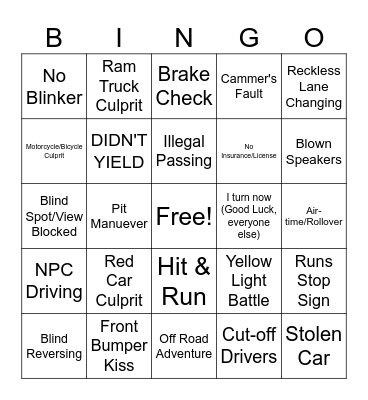 Bad Driver Compilation Bingo, Mark 5 Bingo Card