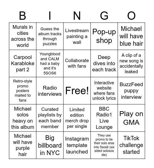 5SOS6 Promo Bingo Card
