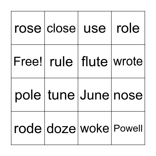 Spelling Word Bingo Card
