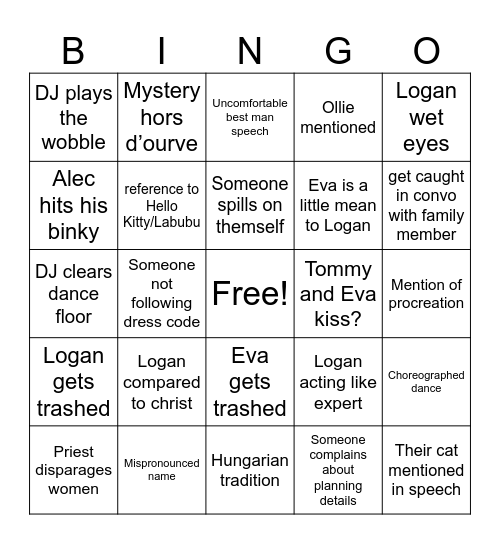 LOVA wedding Bingo Card