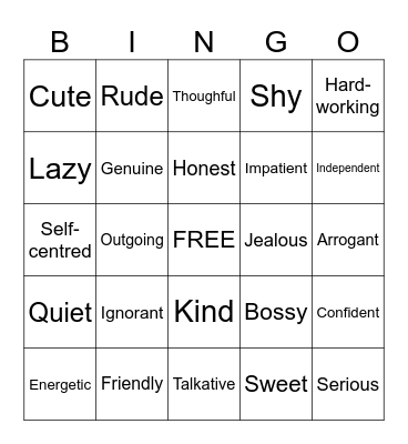 Personality Bingo Card