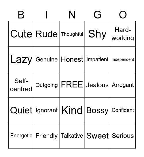 Personality Bingo Card
