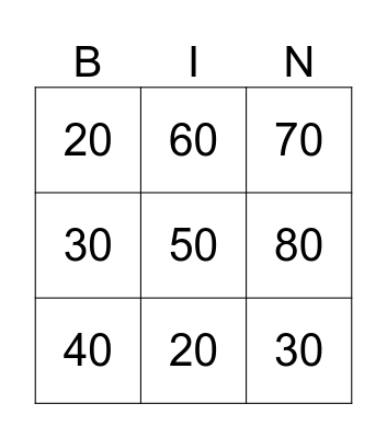 Numeros 1-9 Bingo Card
