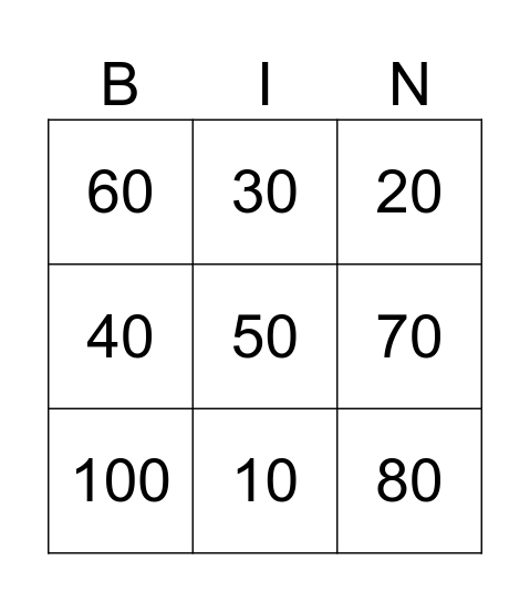 Numeros 1-9 Bingo Card