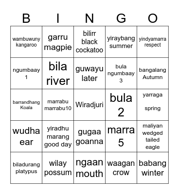 Gari Yala Wiradjuri Lingo Bingo Card
