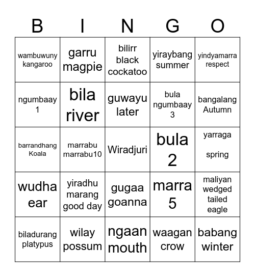 Gari Yala Wiradjuri Lingo Bingo Card