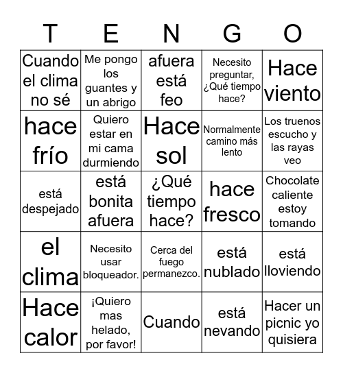 ¿Qué tiempo hace? Bingo Card