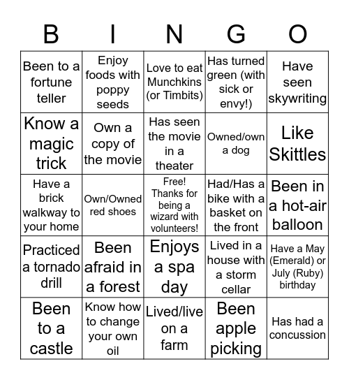 Wizard of Oz Bingo Card