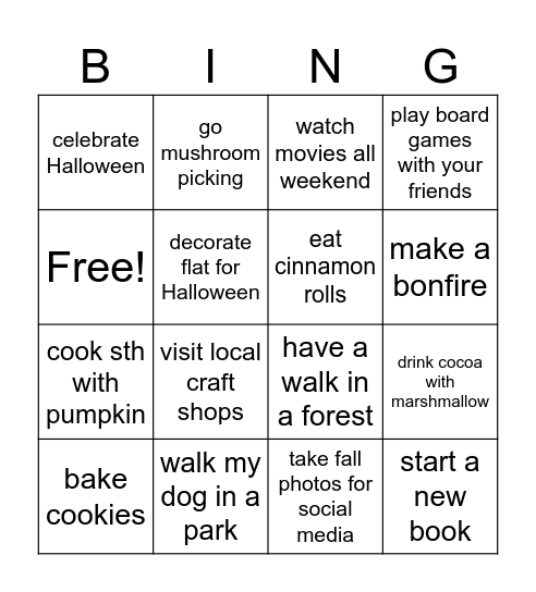 fall bucket list Bingo Card