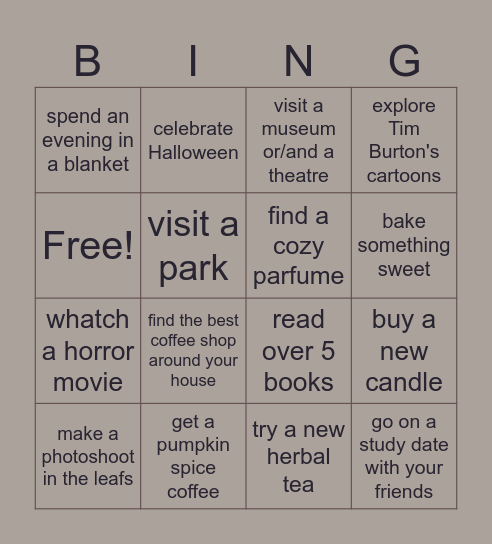 Autumn bucket list Bingo Card