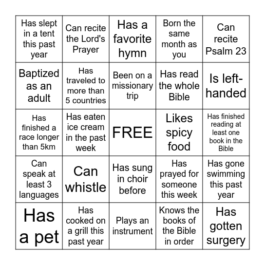 East Bay Church Picnic Bingo Card