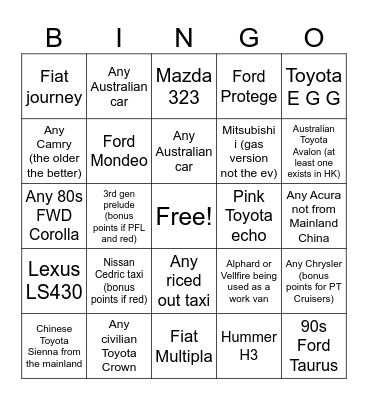 HK car spotting Bingo Card