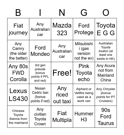 HK car spotting Bingo Card