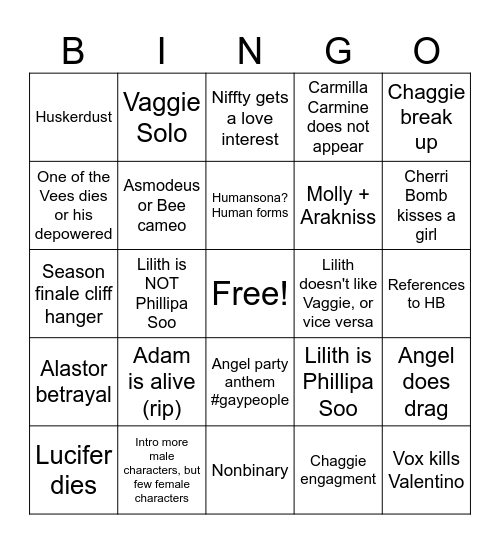 Hazbin season 2 Bingo Card
