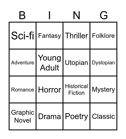 FICTION GENRES Bingo Card