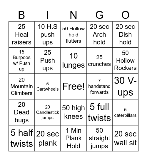 Shine Conditioning Bingo Card