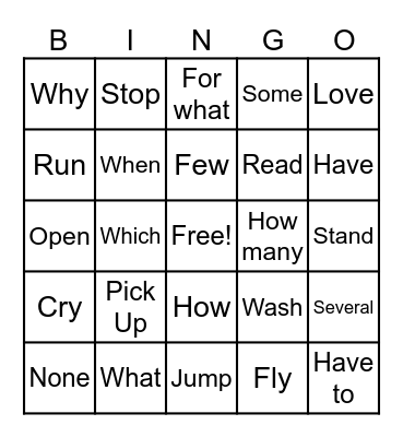 Verbs, Numbers, Questions Bingo Card