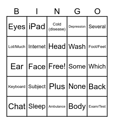 Verbs, Numbers, Questions, Technology, Self-Care, and School Bingo Card
