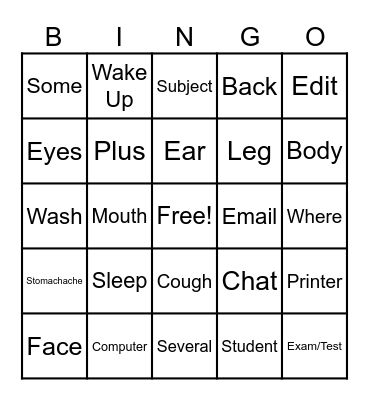 Verbs, Numbers, Questions, Technology, Self-Care, and School Bingo Card