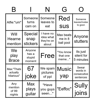 Snap call Bingo Card