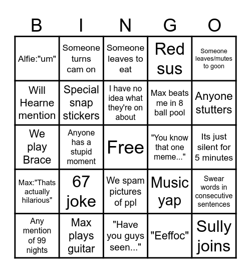 Snap call Bingo Card