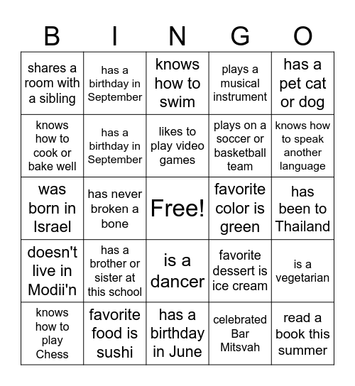 Beginning of Year BINGO Card