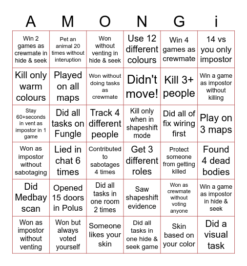 Among us Bingo Card