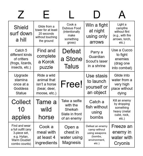 Zelda Bingo Card