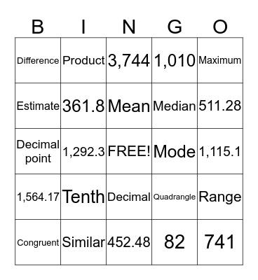 Vocab and Decimal Multiplication  Bingo Card