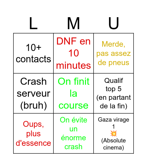 LMU 6 heures COTA Bingo Card