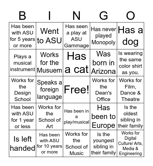 Herberger Institute for Design and the Arts Bingo Card
