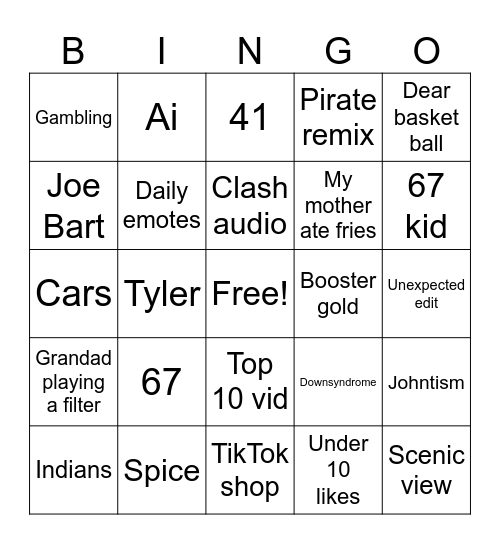 Tik tok Bingo Card