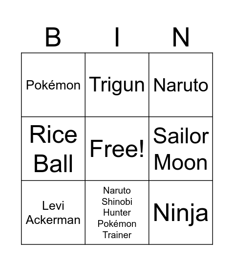 Anime Bingo Card